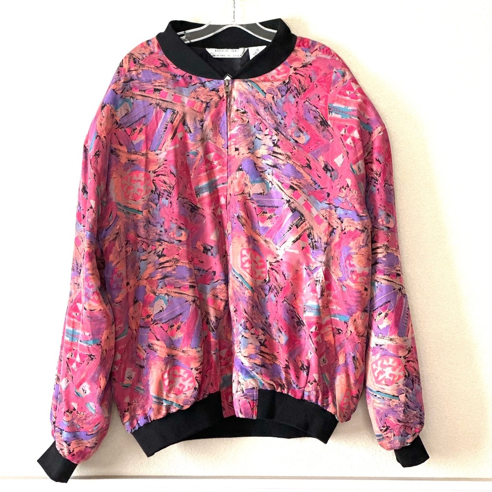 Royalty Silks Vintage Y2K Abstract Print 100% Silk  Unisex Lined Bomber Jacket